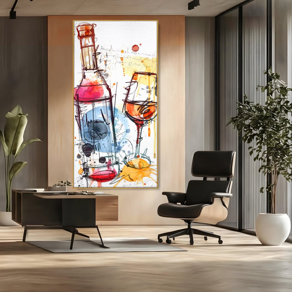 Tablou canvas cu tablou canvas cu sticla si pahar de vin, in rama de aluminiu auriu, pe perete intr-un birou